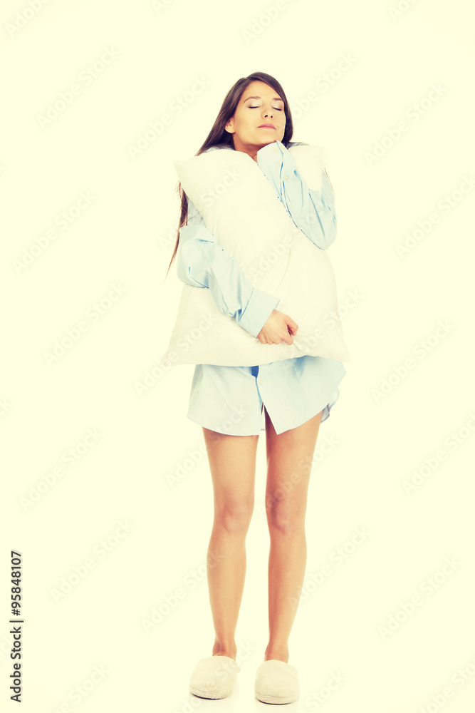 Young morning woman in big shirt. Young morning woman in big shirt.