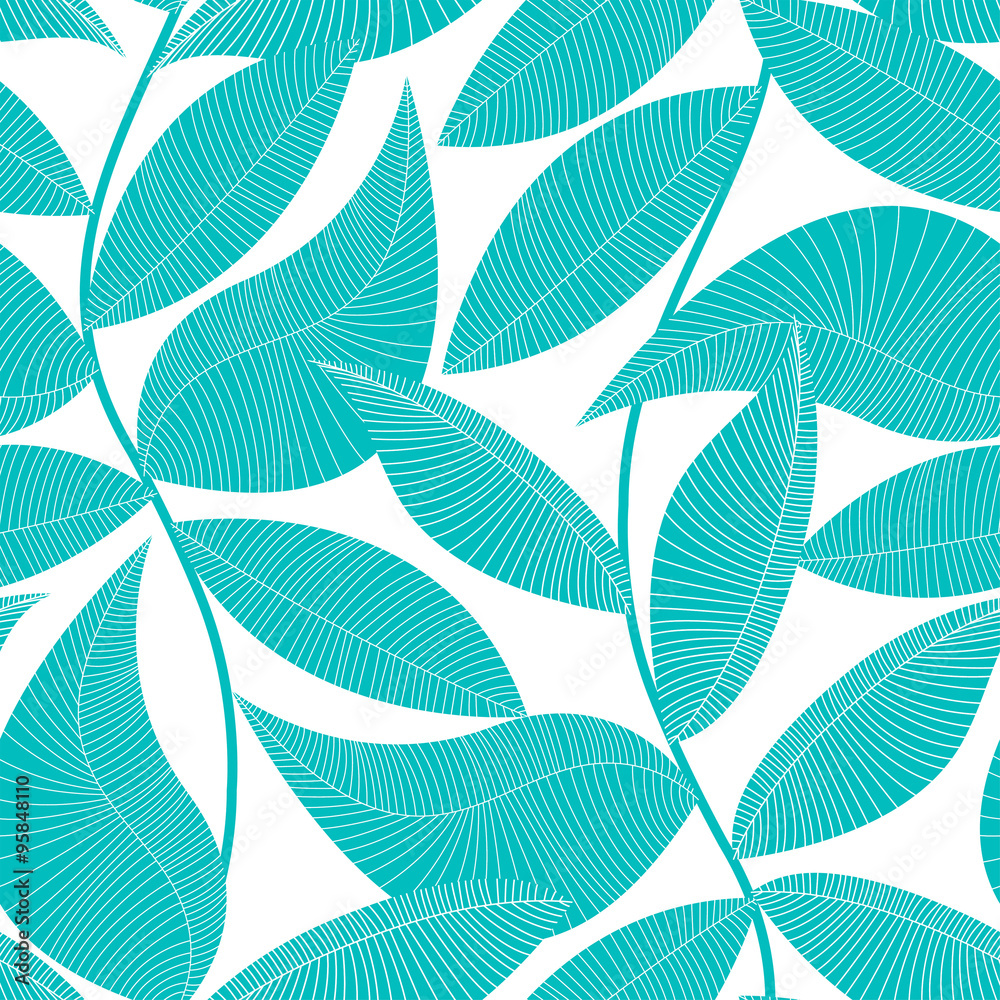Obraz premium Turquoise and white tropical leaf seamless pattern