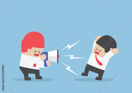 Boss shouting at businessman through megaphone so loudly