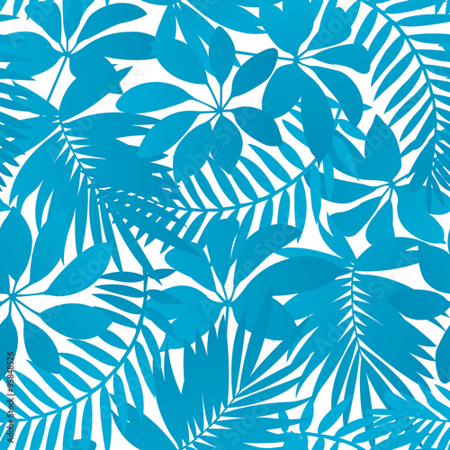 Blue tropical leaves seamless pattern