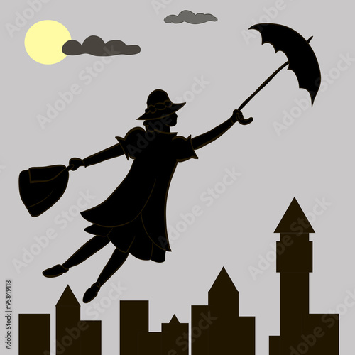 girl floats under the moon with an umbrella in his hand