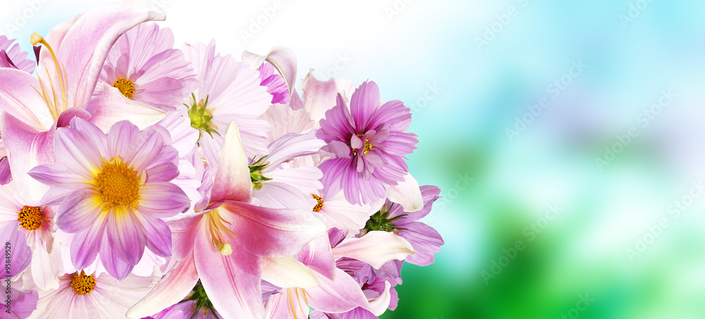 Assorted flower.Beautiful bouquet pink flowers.Lily,orchids,pink chamomile,cosmeya and garden flowers