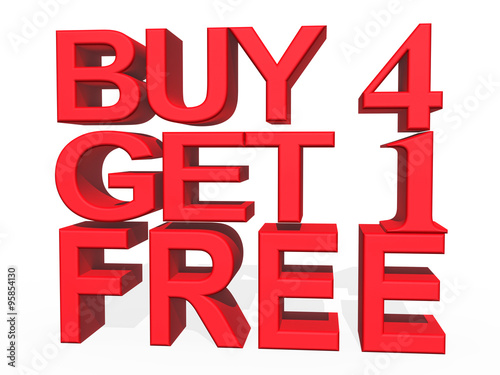 3d illustration - Buy 4 Get 1 FREE  on white background