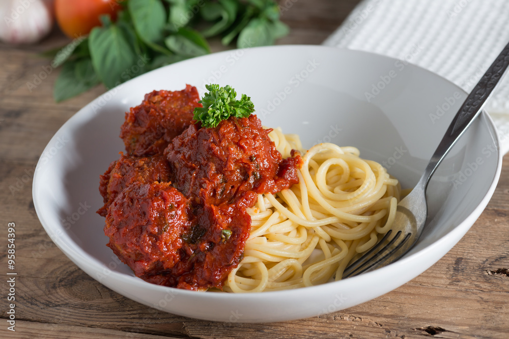 Spaghetti and Meatballs in white plate. Spaghetti and Meatballs in white plate.