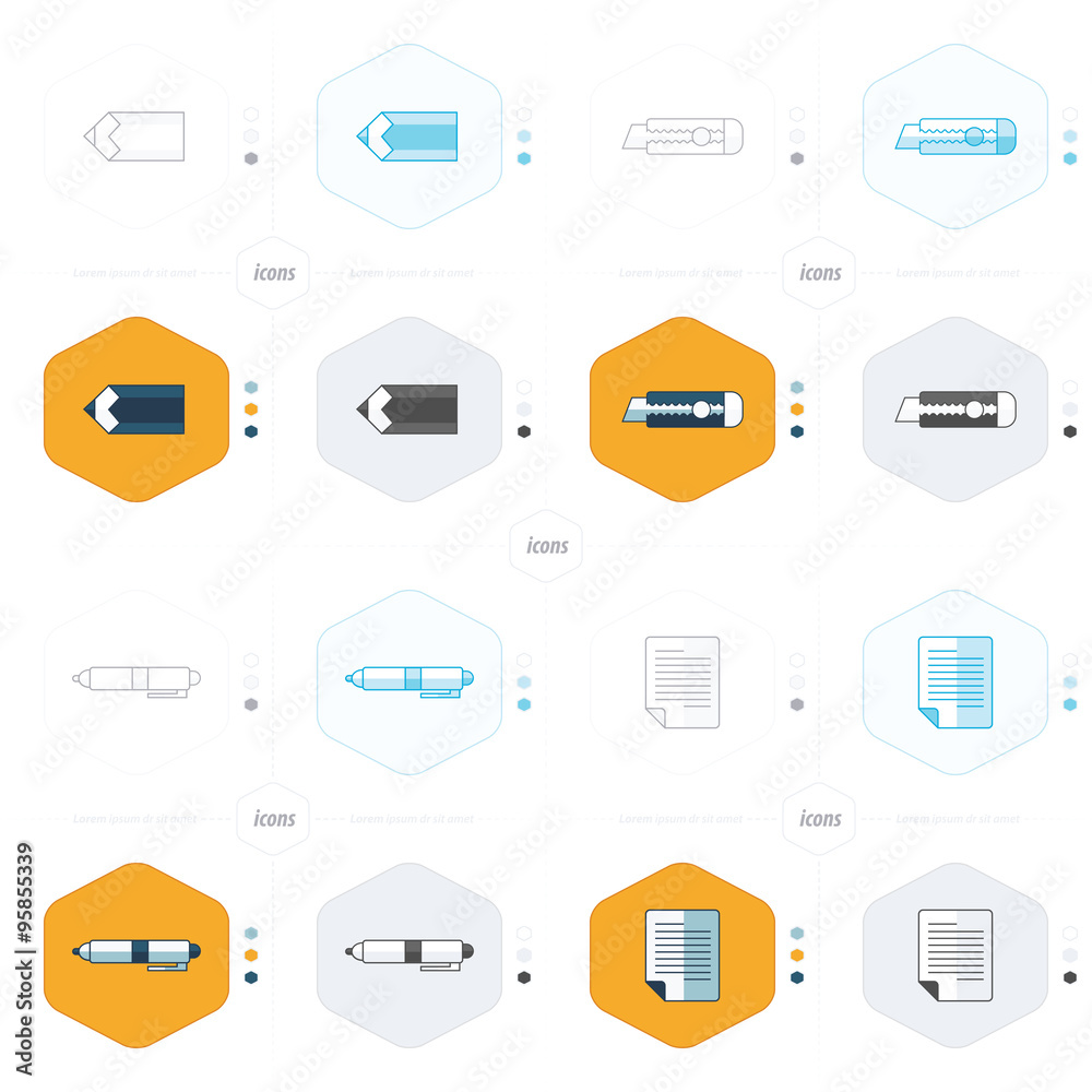 document icon paper, pen, pencil and Utility knife design.