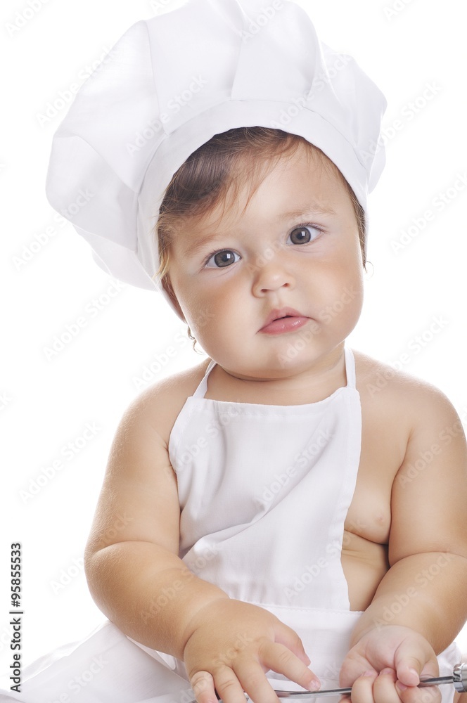 Portrait of funny adorable baby boy chef on a white background Portrait of funny adorable baby boy chef on a white background