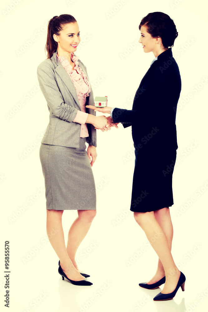 Businesswoman giving a house to her partner. Businesswoman giving a house to her partner.