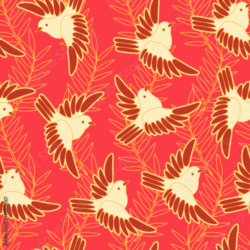 Japanese seamless pattern. Floral and animal elements  sparrows  leaves   etc