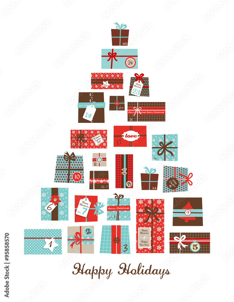 Christmas presents arranged as a seasonal tree. Christmas advent calendar Christmas presents arranged as a seasonal tree. Christmas advent calendar