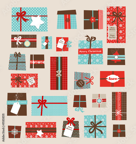 Collection of vector colorful Christmas present boxes. Holiday seamless pattern