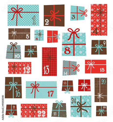 advent calendar.Collection of vector colorful Christmas present boxes. Holiday seamless pattern. calendar advent