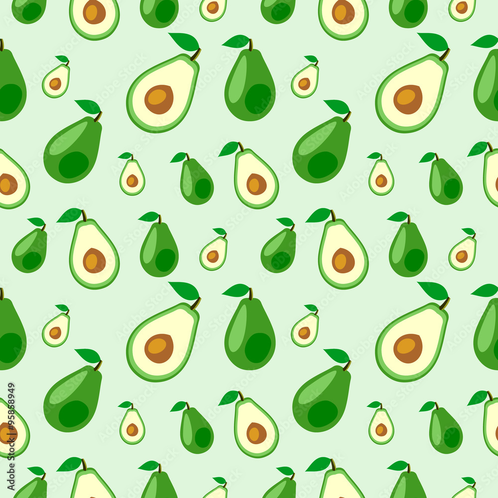 Seamless vector pattern, fruits chaotic background with avocado, whole and half over light backdrop. Series of fruits and ingredients for cooking. Seamless vector pattern, fruits chaotic background with avocado, whole and half over light backdrop. Series of fruits and ingredients for cooking.