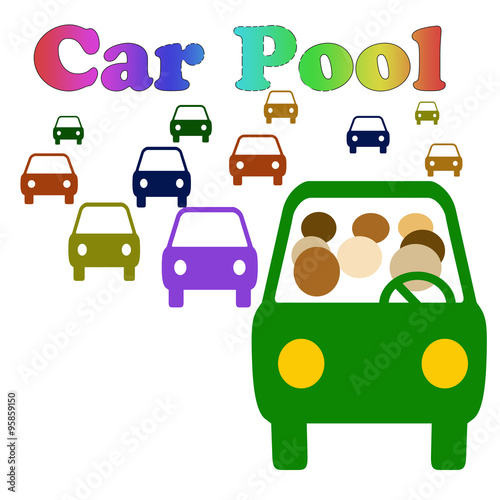 carpool vehicle with assorted passengers in traffic illustration