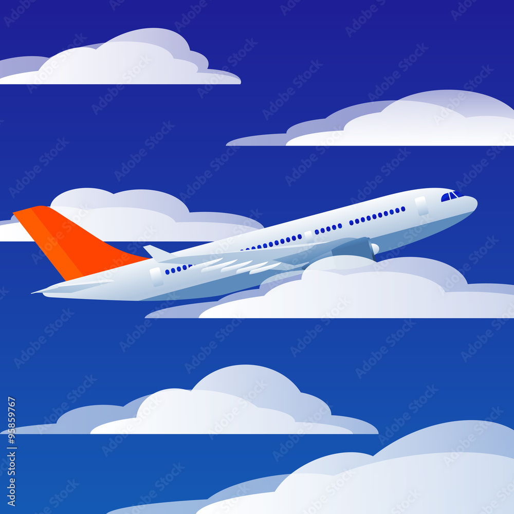Flying plane in the sky with clouds. Vector illustration.