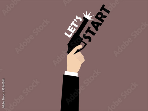 hand firing a gun for starting race with text let's start