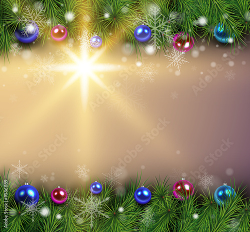 Christmas background with fir branches lights and balls