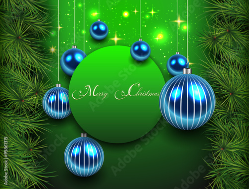 Christmas background green with fir branches and  shiny balls