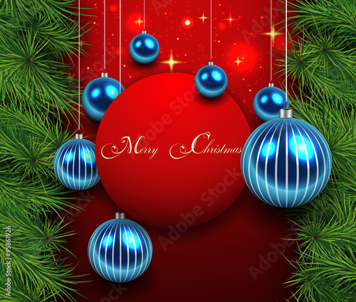 Christmas background with fir branches and glossy balls