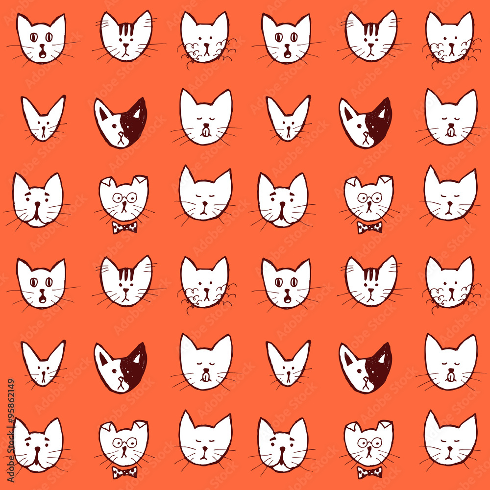 Sketch cat face seamless pattern
