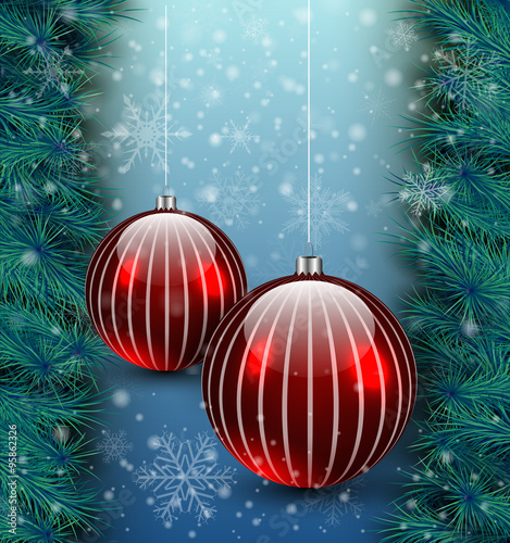 Christmas background with fir branches and red balls