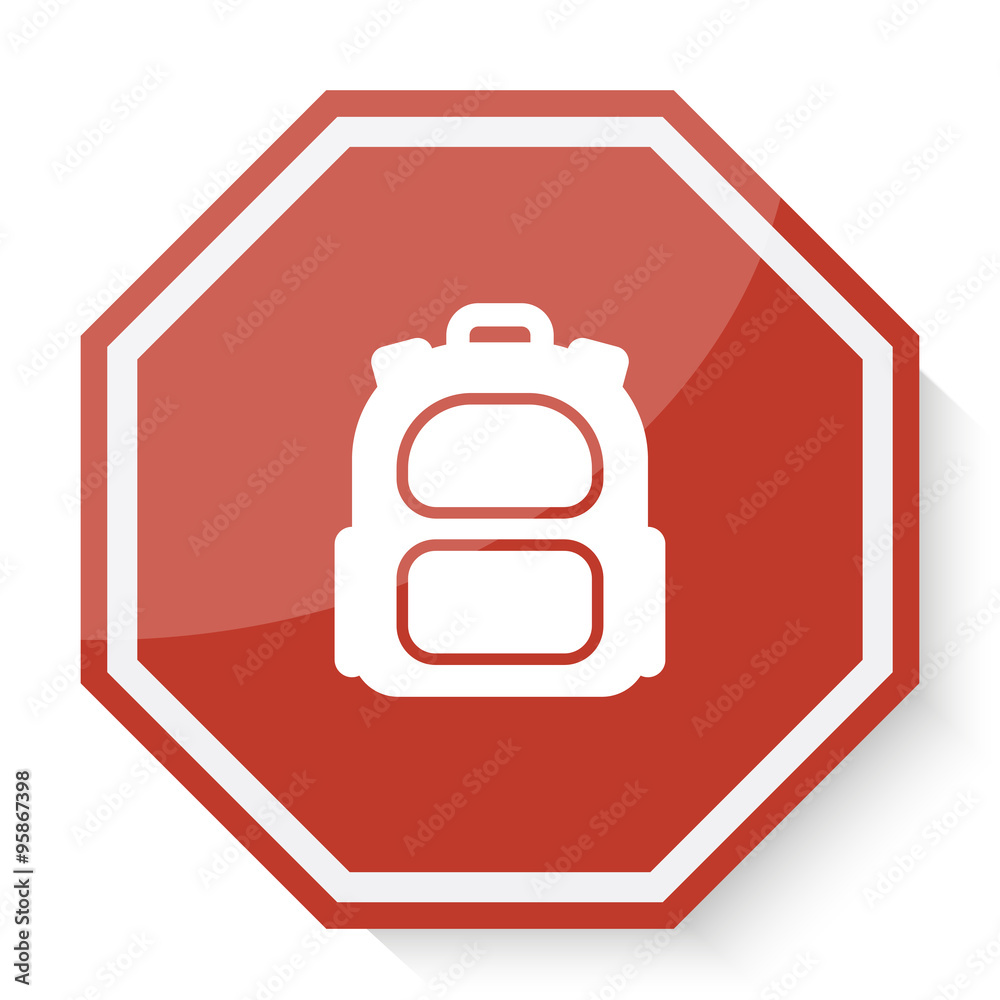 White Backpack icon on red stop sign web app White Backpack icon on red stop sign web app