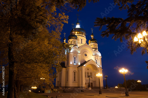 Ortodox cathedral in Khabarovsk, Russia in the night