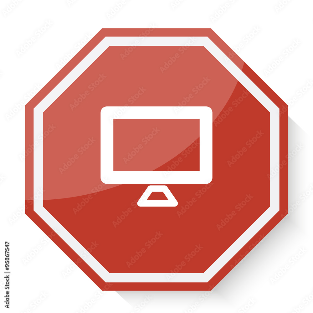 White Computer Screen icon on red stop sign web app White Computer Screen icon on red stop sign web app