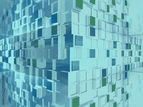 Abstract colored 3d background with quadratic geometry in the corner
