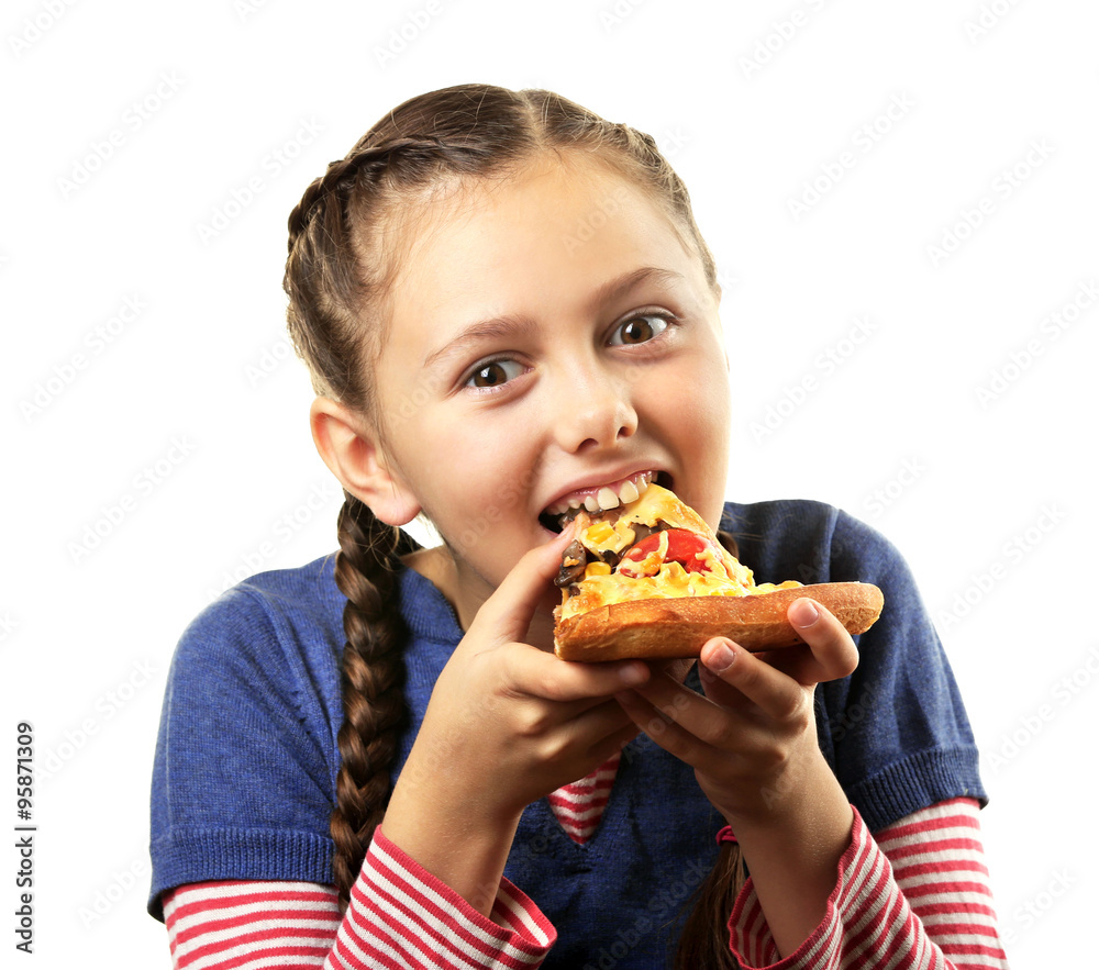 Little girl eating pizza isolated on white