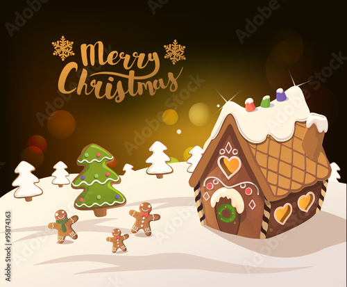 Cristmas Background with gingerbread house, christmas tree, and little men, Vector.