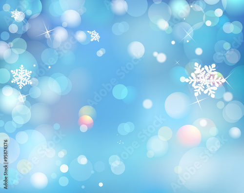 Blue Winter Shining Bokeh Background With Snowflakes. Vector.