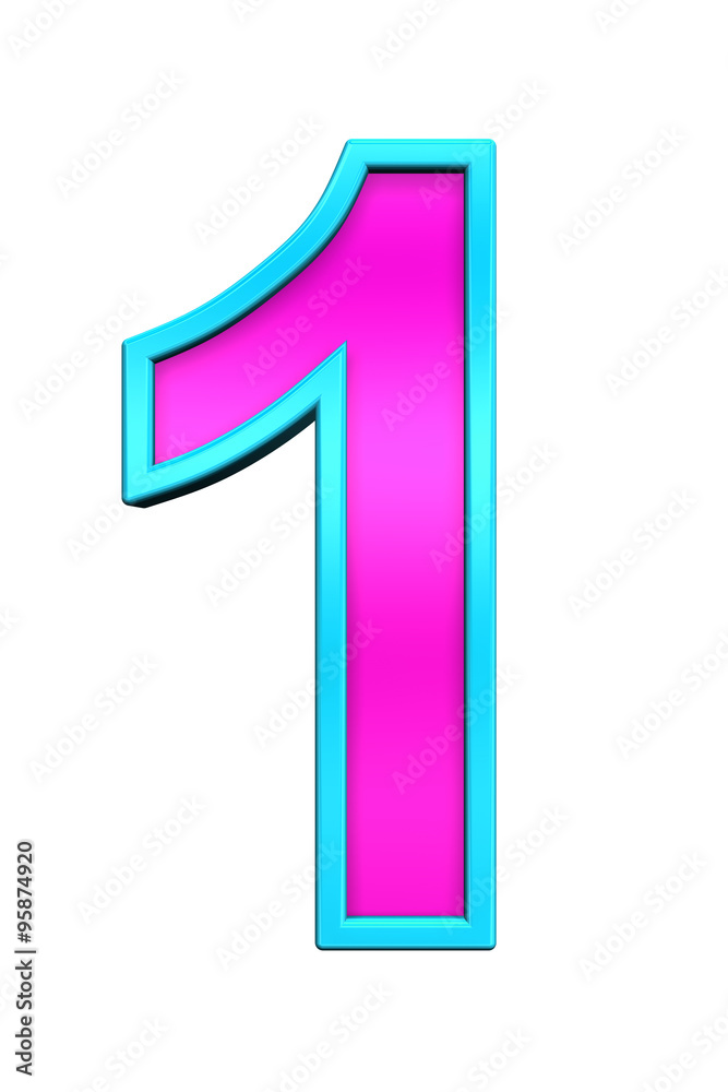 One digit from pink glass with blue frame alphabet set, isolated on white. Computer generated 3D photo rendering. One digit from pink glass with blue frame alphabet set, isolated on white. Computer generated 3D photo rendering.