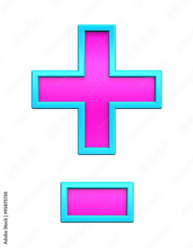 Fototapeta premium Hyphen, minus, plus marks from pink glass with blue frame alphabet set, isolated on white. Computer generated 3D photo rendering.