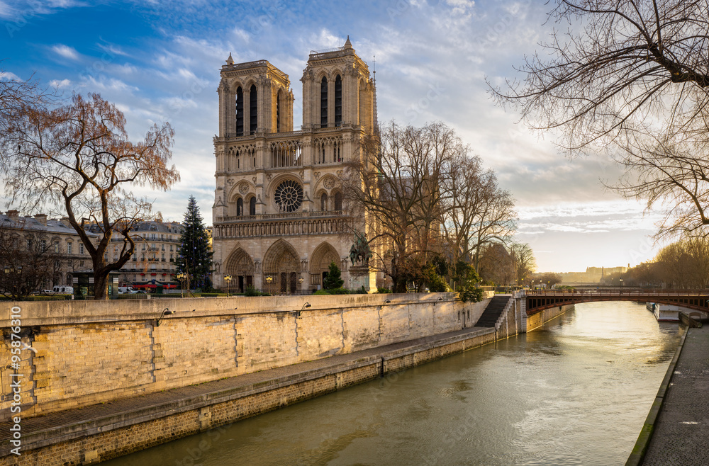 Morning view of Notre Dame de Paris Cathedral on Ile de la Cite. The Seine River and the Cathedral are seen in soft winter light. Paris, 4th arrondissement, France.