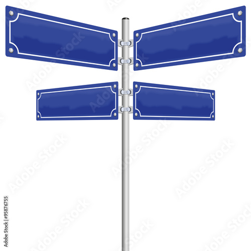 Street signs - four blank, glossy blue metal panels showing in four different directions. Illustration on white background.