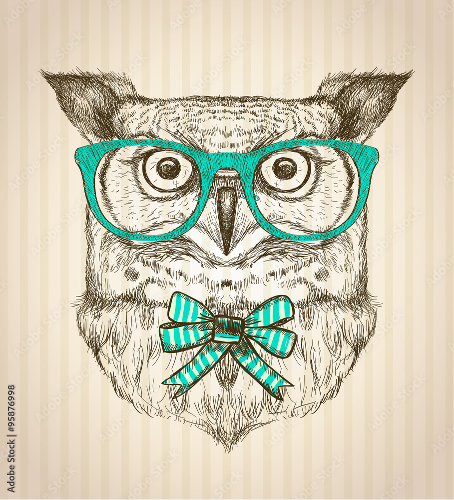 Obraz premium Cute card with hand drawn hipster owl dressed in green glasses.