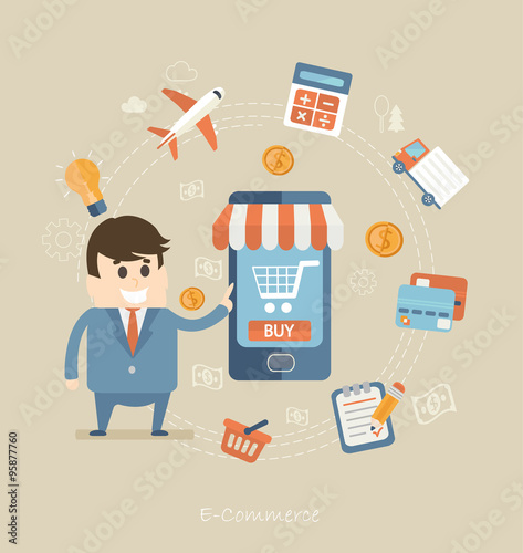 Flat design concept of e-commerce, delivery, online shopping, business. Vector.