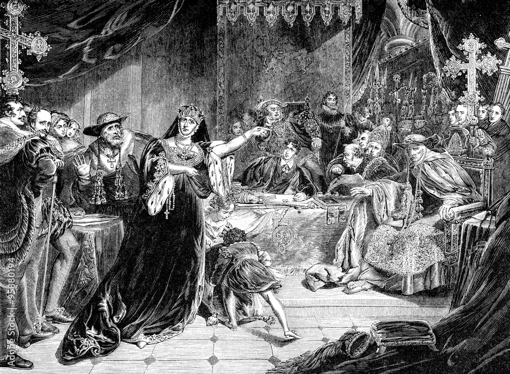 Fototapeta premium An engraved vintage illustration image of the trial of Catherine Of Aragon, queen of England, UK, from a Victorian book dated 1868 that is no longer in copyright
