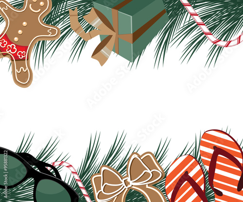Merry Christmas and a sunny new year from a warm locale, with sunglasses, flip flops and gingerbread man wearing board shorts. EPS 10 vector royalty free illustration.