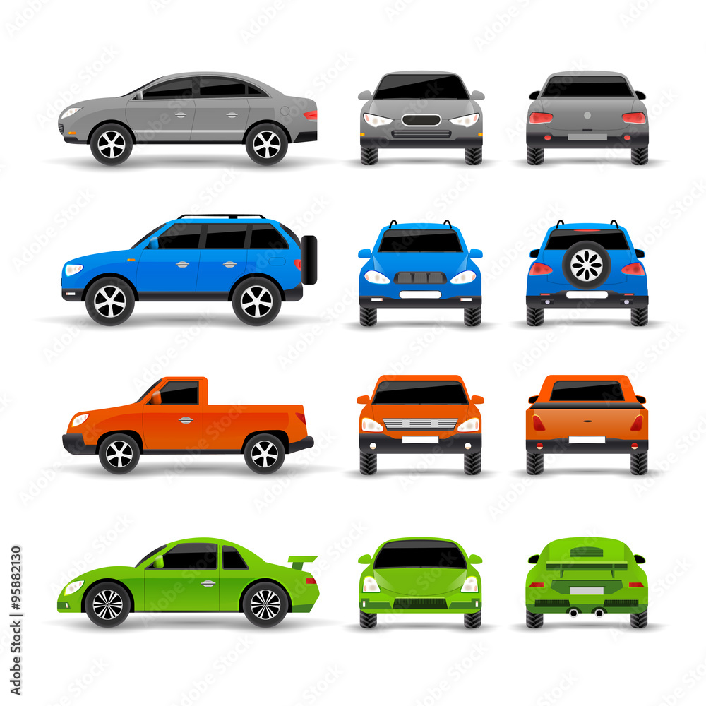 Cars Side Front And Back Icons Set