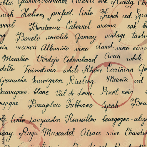 Seamless background texture with names of wine grapes and wine-related terms