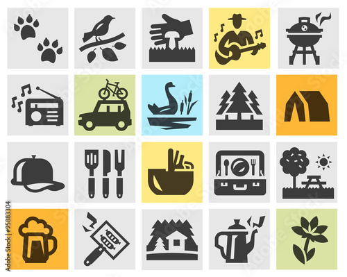camping set black icons. signs and symbols