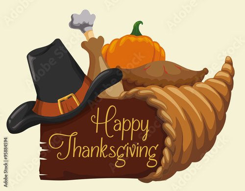 Cornucopia with Traditional Basic Ingredients for Thanksgiving, Vector Illustration