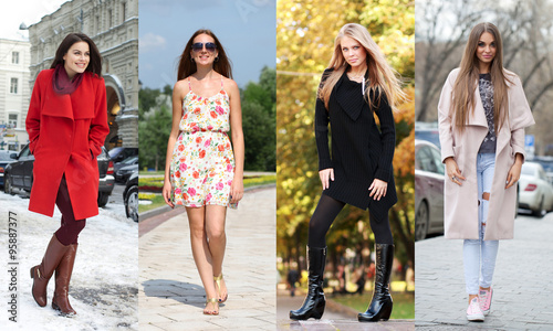 Collage of four different models in fashionable clothes for the