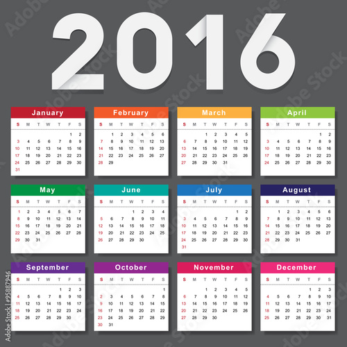 Calendar 2016. Week starts from Sunday