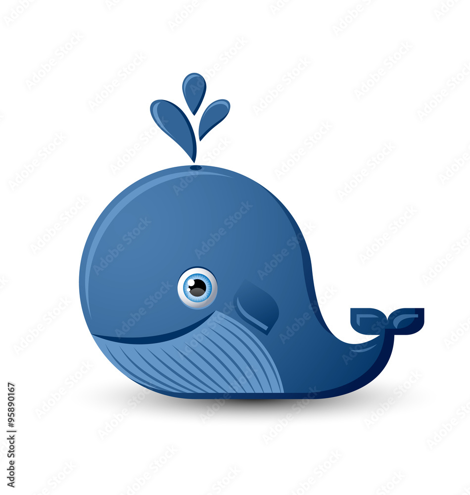 Blue whale character on white background