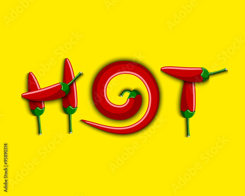 Lettering HOT composed from red chilli peppers