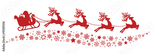 Leinwand Poster santa sleigh reindeer flying snowflakes red silhouette
