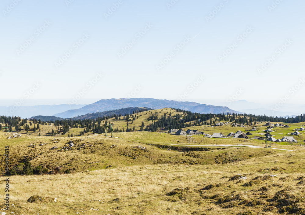 Mountains in autumn with pines forest, grass field on Velika Planina, Slovenian alps, Europe 
