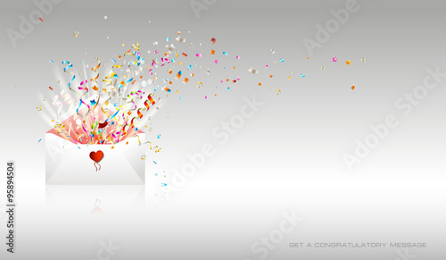 Letter of surprise on white background. Open envelope with confetti and ribbons. Congratulations on holiday. Border design. Background for promotions and offers.
